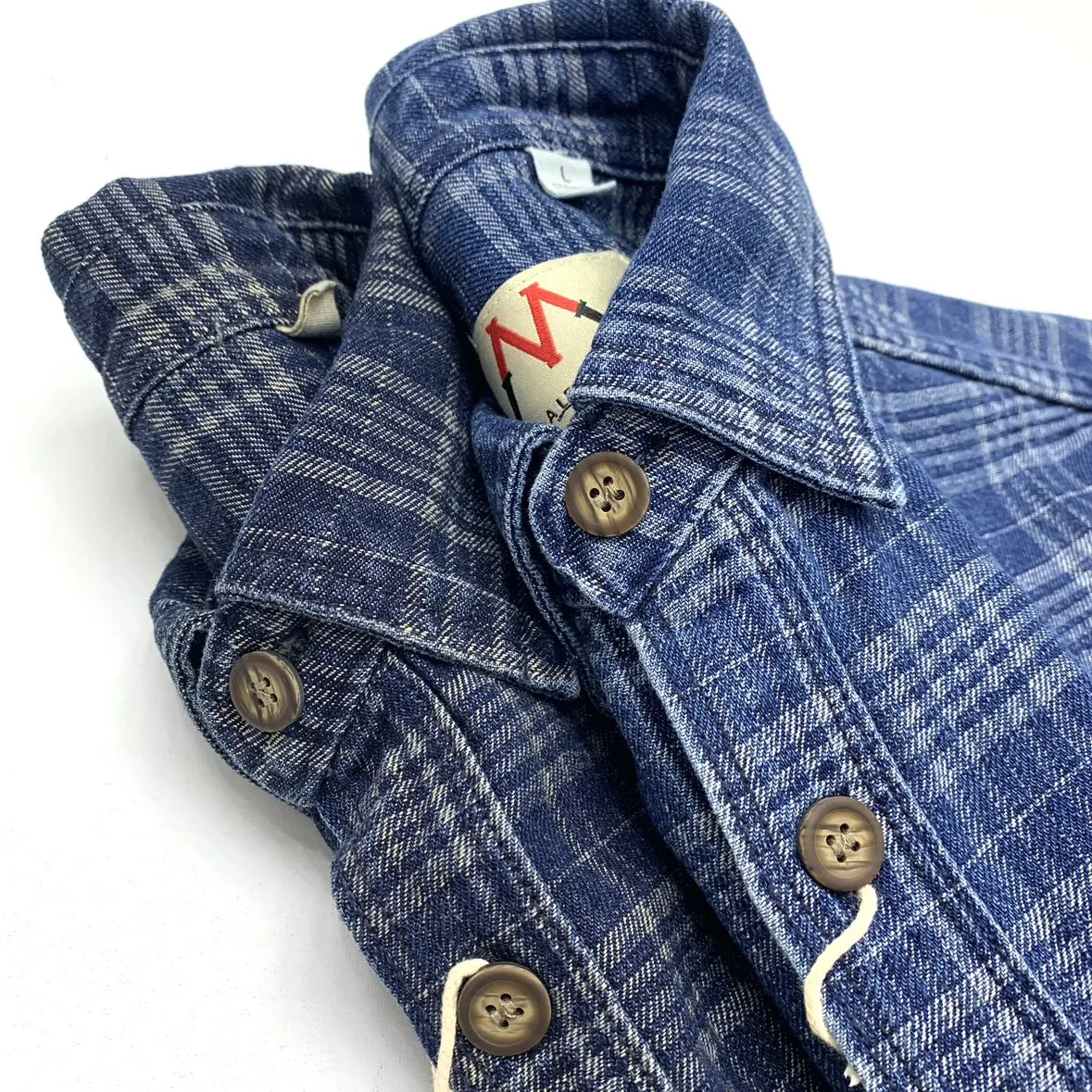 Frühlings-Neuheit: Japanisches Retro-Langarmhemd mit Revers, Denim-Karo-Stickerei, Herren-Amekaji, 100% Baumwolle, gewaschen, lässige Bluse/Jacke
