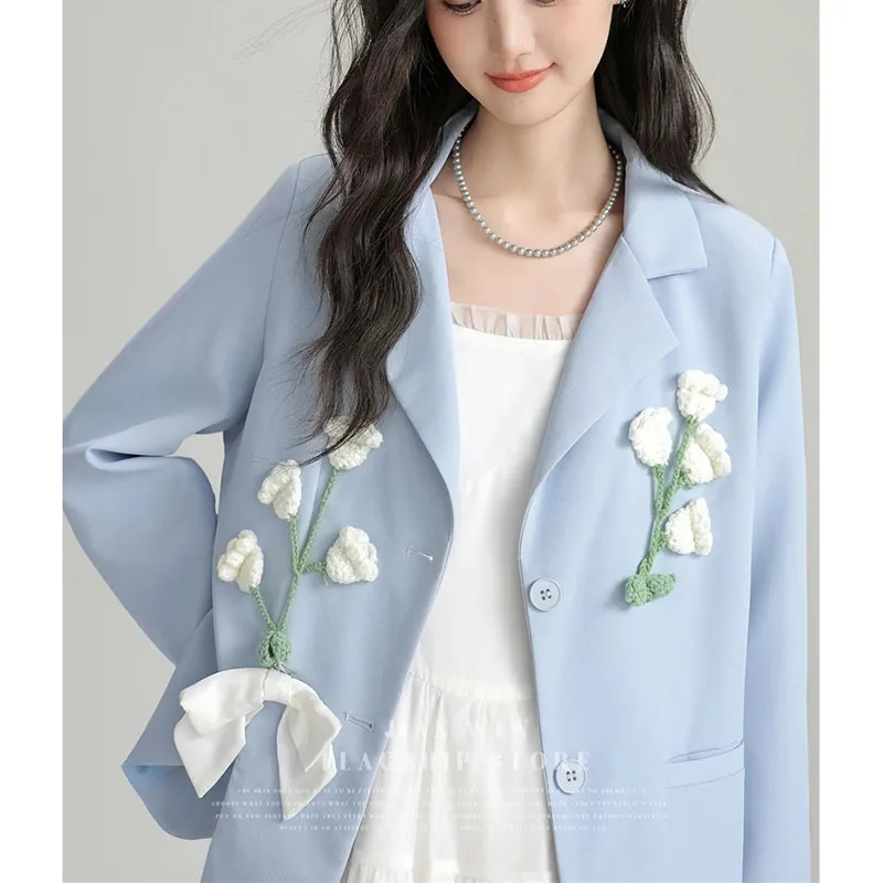 韓国女性用長袖ブレザージャケット 秋 レディース 無地 アウター 2025 ファム レジャー 立体フラワー スーツコート