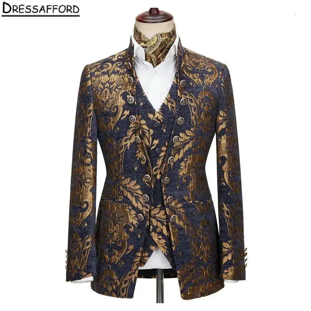 

Navy Blue Jacquard Formal Wedding Suits Men's Business Suit 3 Pieces Jacket+Vest+Pants Man Tuxedo Groom Wear