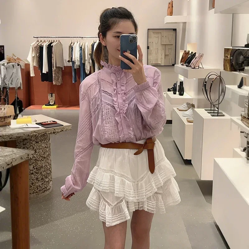 Women Fashion Lace Fungus Stand Collar Long Sleeve Shirt/Ruffled Pants Skirt 2024 Early Autumn