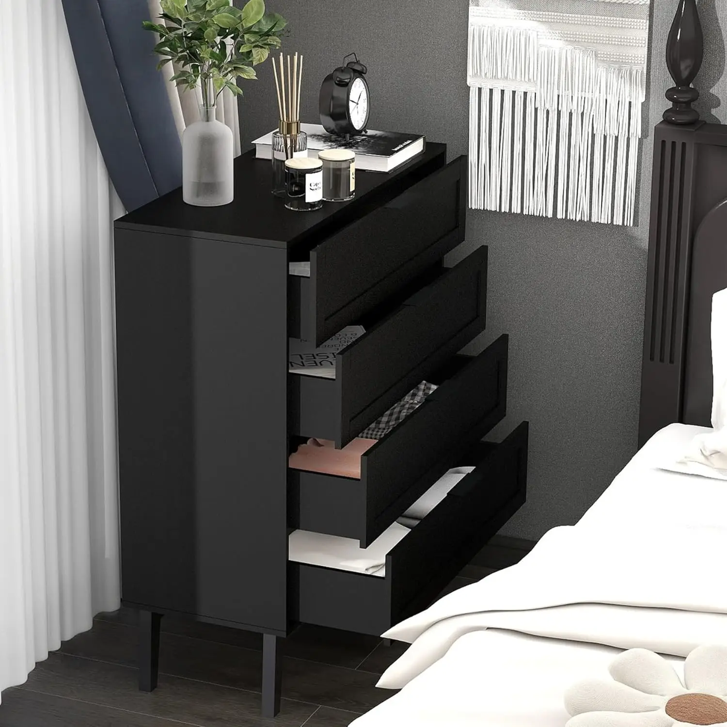 

Black 4 Drawer Dresser for Bedroom,Wood Lingerie Chest of Drawers for Bedroom,Modern 36inch Tall Black Dresser for Bedro