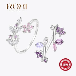 ROXI 925 Sterling Silver Pink/Purple Leaf Flower Star Crystal Rings For Women Adjustable Party Wedding Engagement Jewelry anillo