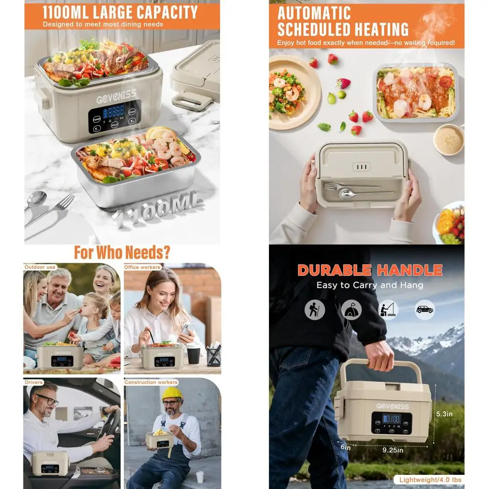 

Portable Electric Lunch Box for Adults - 1100ML Stainless Steel, Battery-Powered Heater, Leakproof Lid, Reaches 220°F Fast