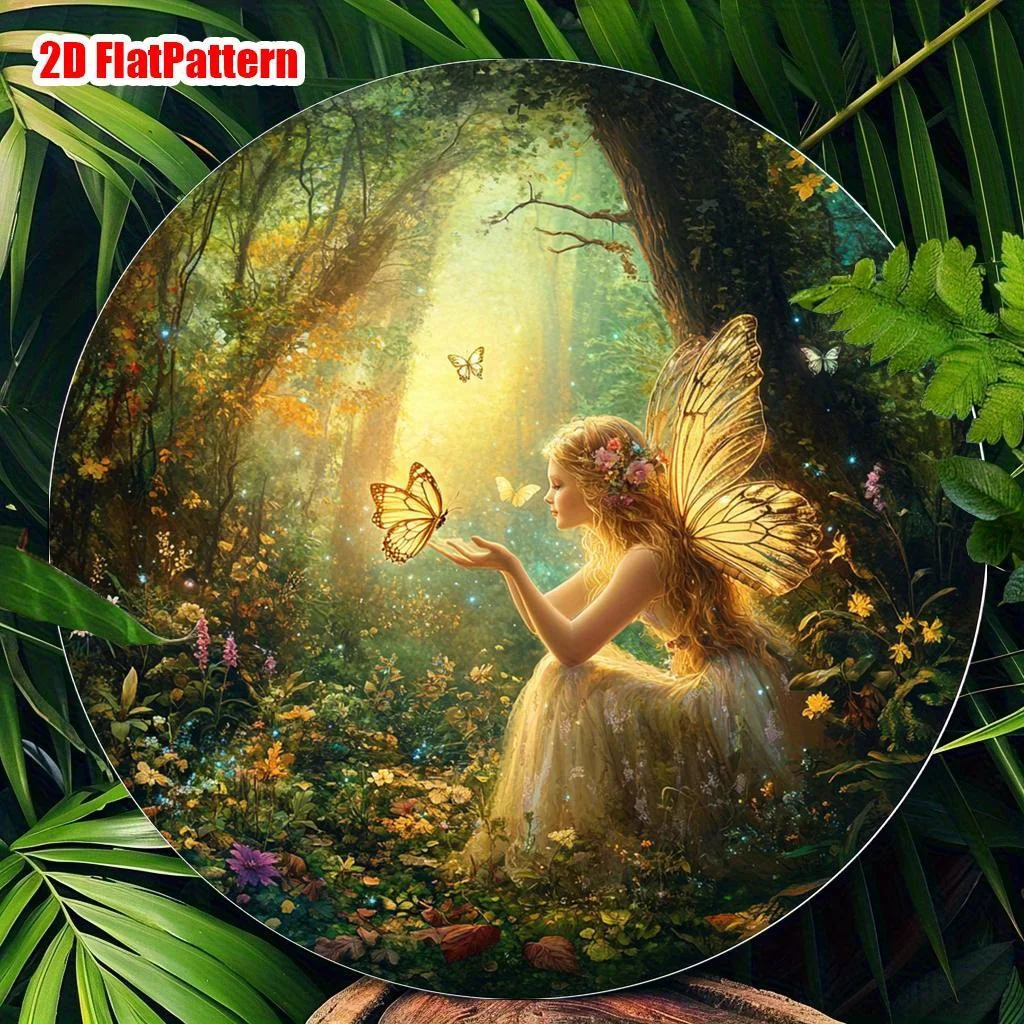 2D Flat - Vintage Round Wall Decoration Made of Aluminum Featuring a 2D Flat Design of an Elf Fairy, Suitable for Various Occasi