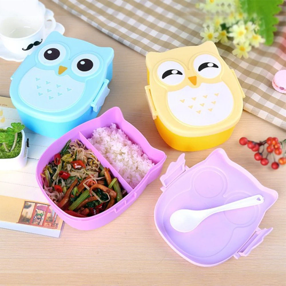 Cartoon Owl Plastic Lunch Box 2 Compartments Portable Bento Box Microwave Safe Snack Food Container for Children