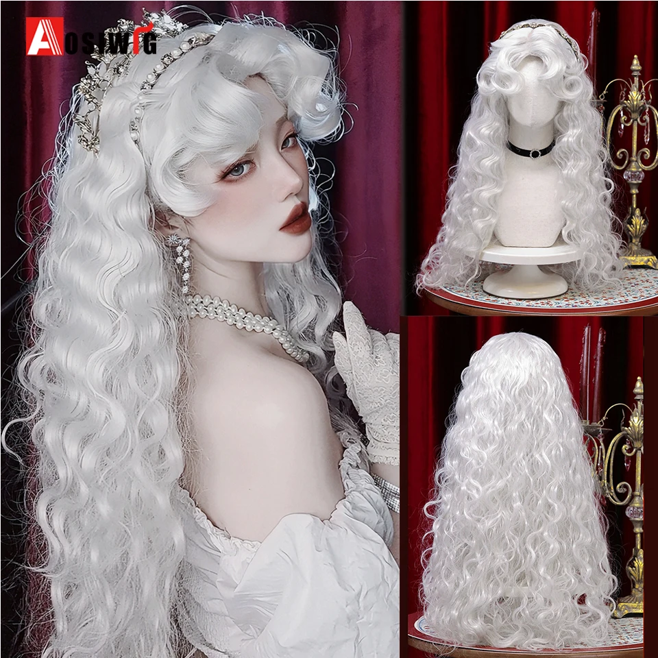 AOSIWIG Synthetic Long Retro Curly Hair ​Wigs Lolita Curly  Hair With Bangs For Women ​Halloween Cosplay Wig