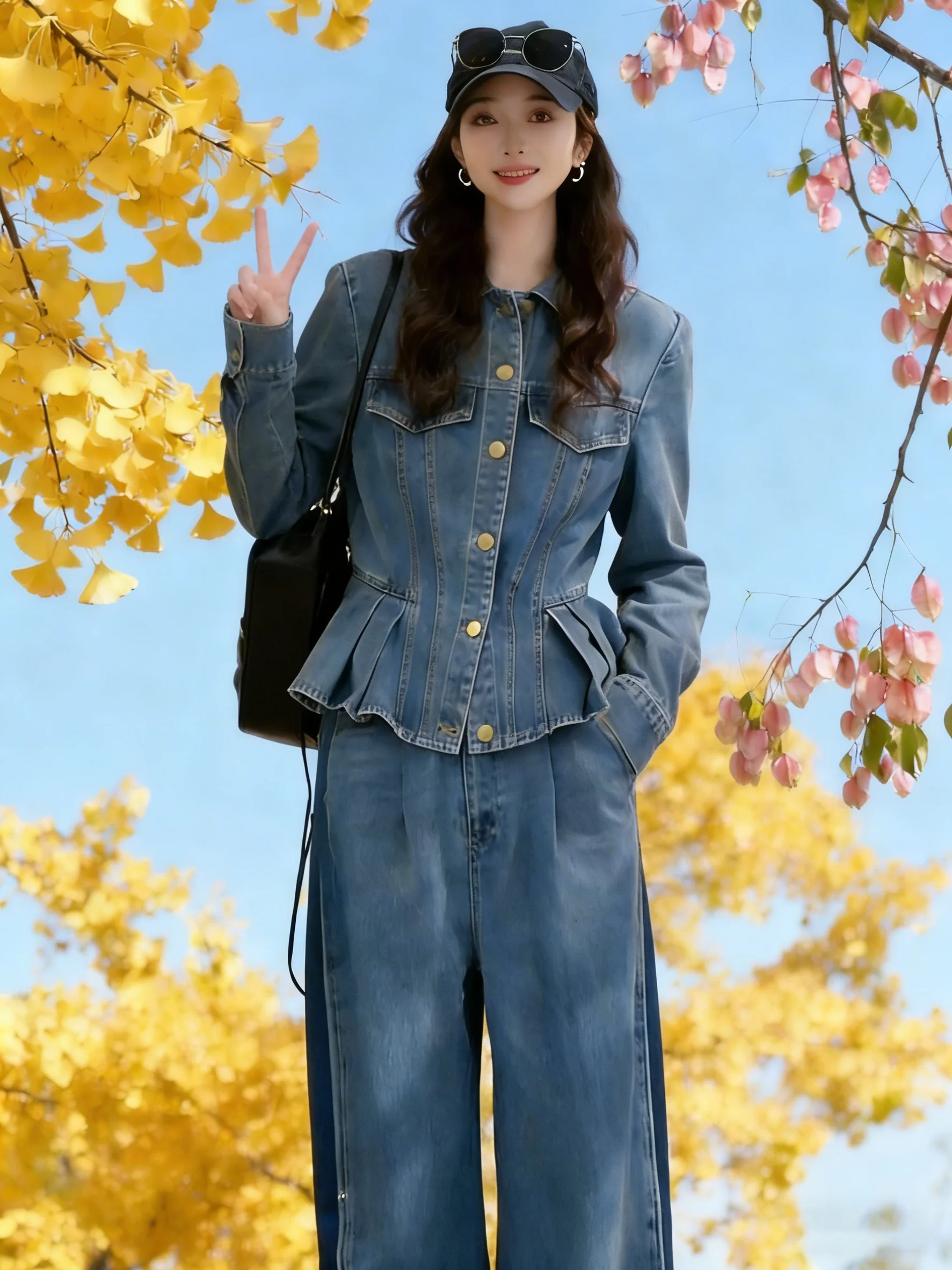 

Женская джинсовая куртка Ele Blue с подолом, весенняя новинка, роскошная, с эффектом утяжки талии, длинными рукавами, воротником и застежкой на пуговицах