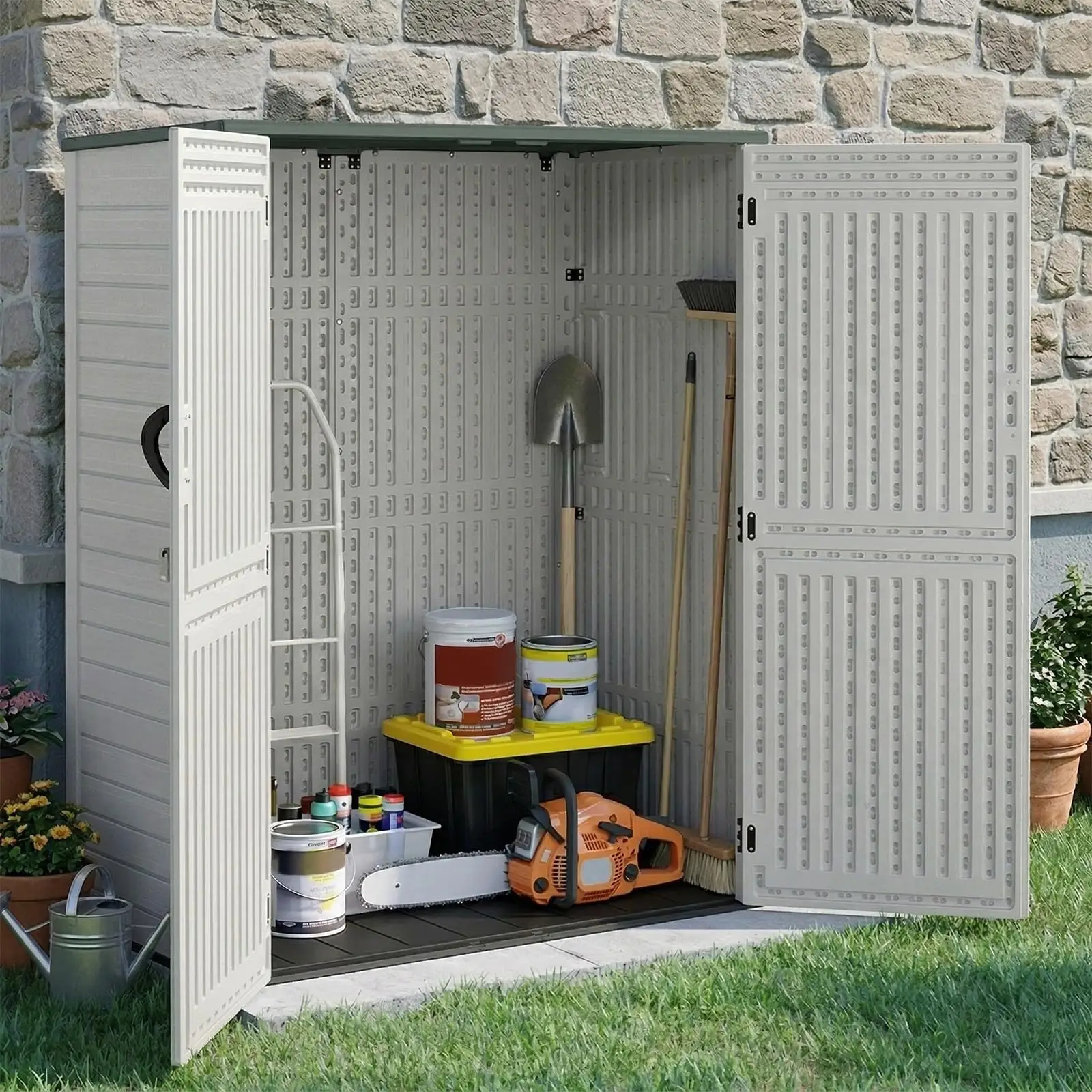Vertical Resin Storage Shed, 60 Cuft Garden Tool Sheds & Outdoor Storage, Plastic Outdoor Storage Cabinet Waterproof