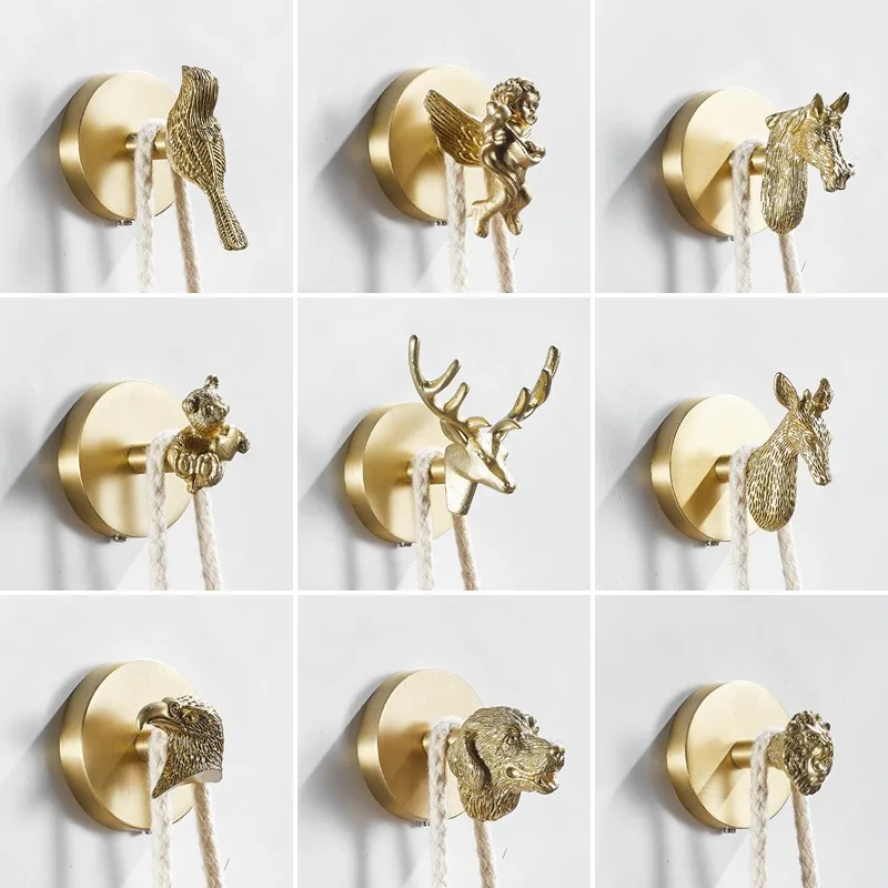 

Originality Brass Brushed Gold Bathroom Animal Clothes Hook Robe Hooks Bathroom Hardware Accessories Perforated Installation