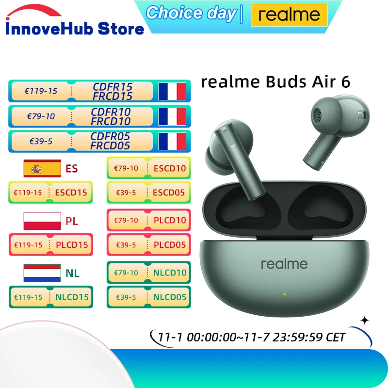 Global Version realme Buds Air 6 Wireless Earphone 50dB Active Noise Cancellation Bluetooth 5.3 Up to 40 Hours Battery Life