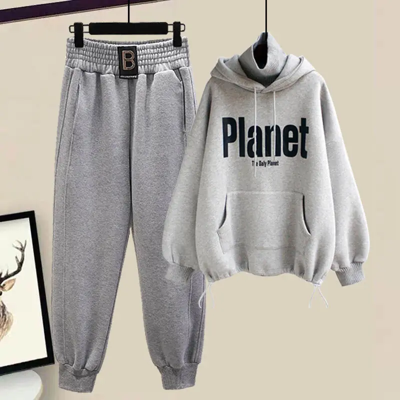 Autumn and Winter Women\'s Set New Korean Thickened Sweatpants Set Female Student High Collar Hooded Top Two Piece Set