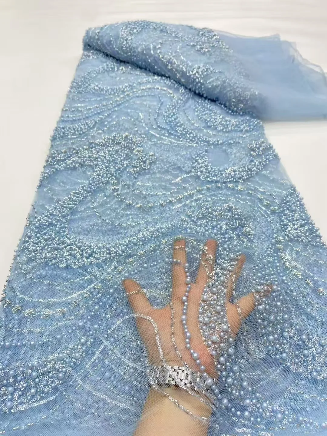 

Высококачественная африканская кружевная ткань с блестками и бисером, 2025 г., нигерийский хлопок с вышивкой ручной работы, 5 ярдов для женских праздничных платьевD6352