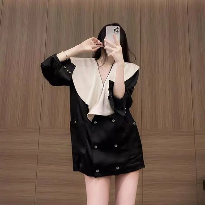 

Elegant Long Sleeve Women's Shirt Collar Design Spring Fashion Outerwear Double Button High Waist A-Line Skirt Commute Style
