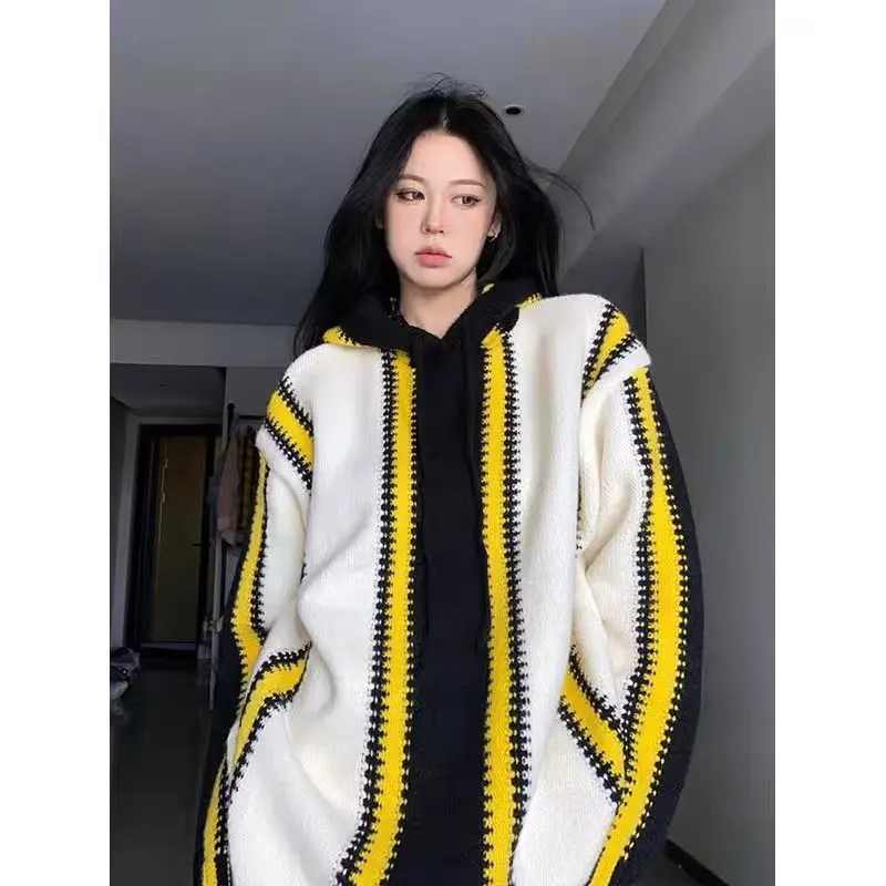 

Women Color Block Hooded Crochet Striped Sweaters Lightweight Drawstring Hoodies Pullover Trendy Sweatshirts