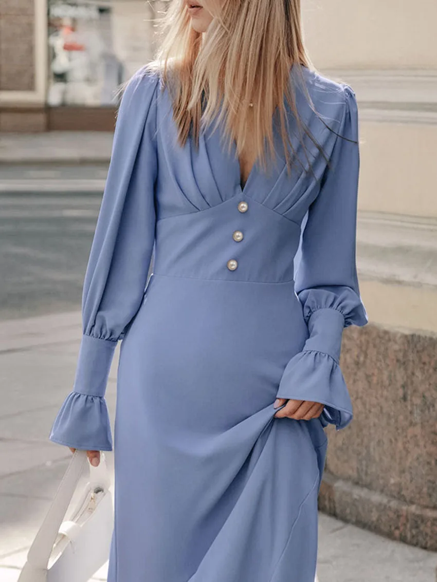 Parc Fee Fashion Slim Blue Dresses 2024 Women Bodycon V-Neck Long Sleeve Midi Dress Elegant Classic High Waist Female Dress