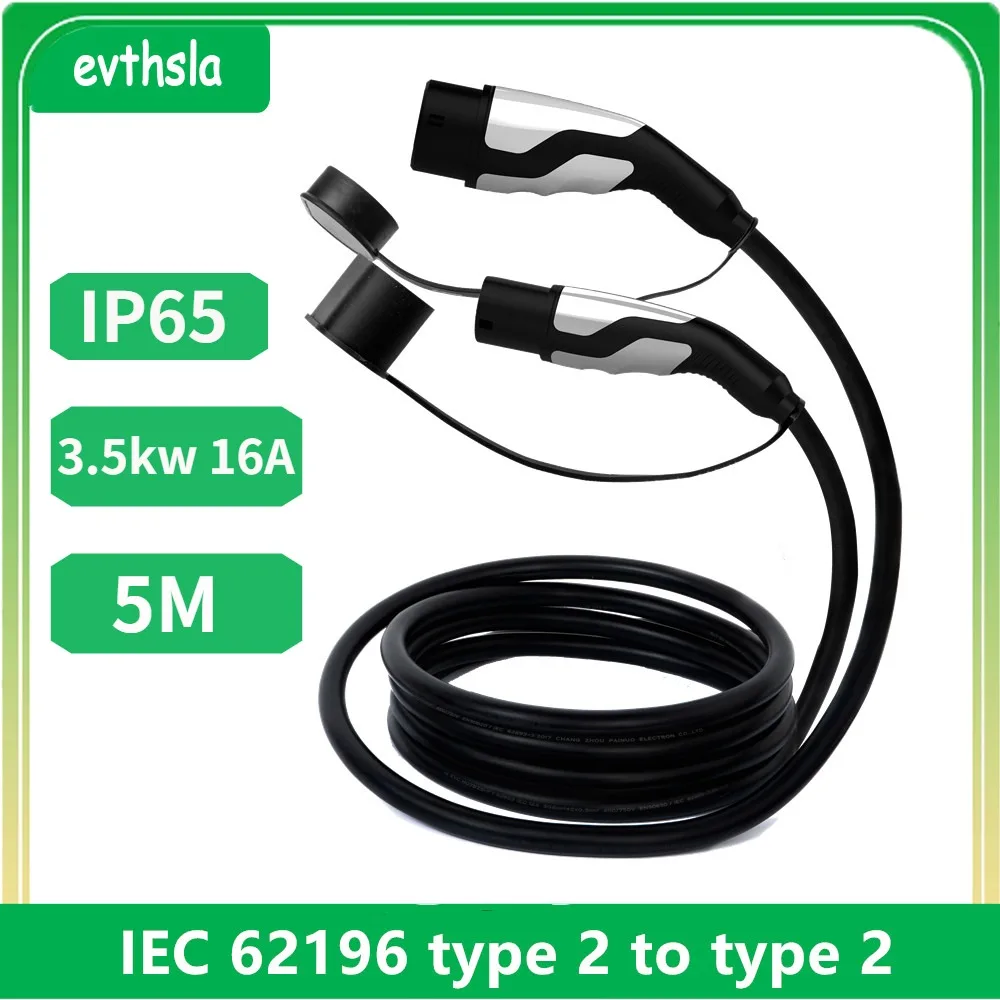 evthsla Type2 EV Charger Cable Female Car Side to Type2 Male Plug 16A 3.5KW 32A 7KW 1Phase 11KW 22KW 3 Phase for Electric Car