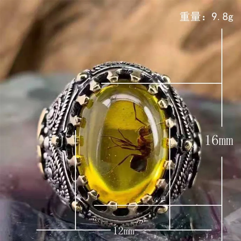 Punk Natural Insect Ants Stone Finger Men's Ring Engraving Golden Crown Geometric Pattern for Male Viking Gothic Jewelry