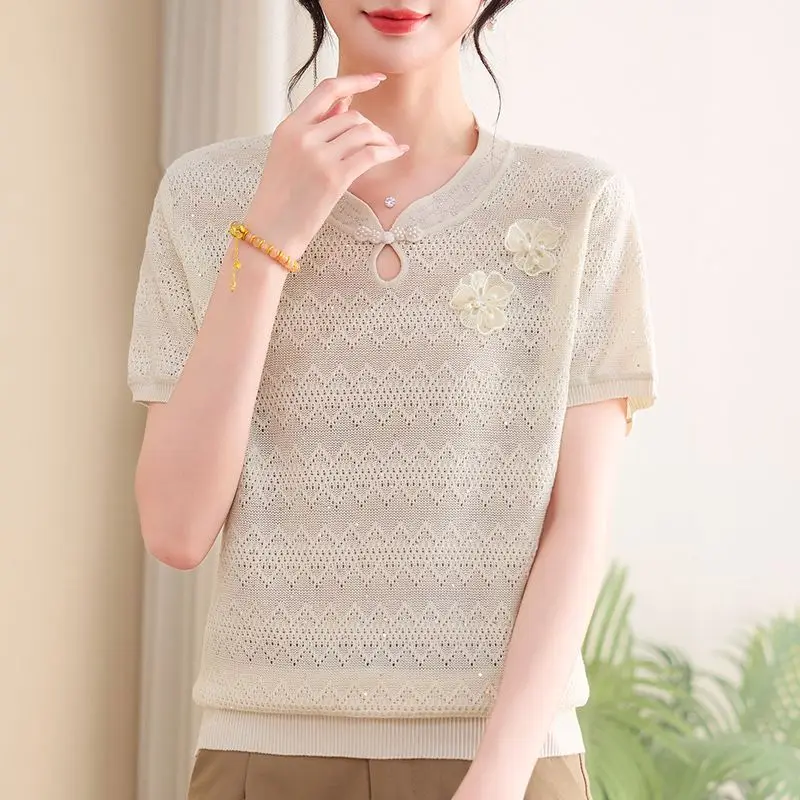 Women Chinese Style Ice Silk Hollow Knit Top Floral Appliques Short Sleeve Elegant Mom Blouse S 4XL