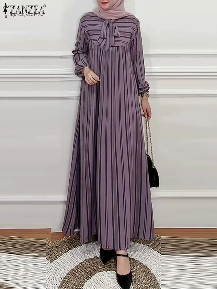 ZANZEA Lantern Sleeve Muslim Fashion Maxi Dress Women Striped Patchwork Bow Tie Neck Abaya Islamic Elegant Ruffled Long Robes