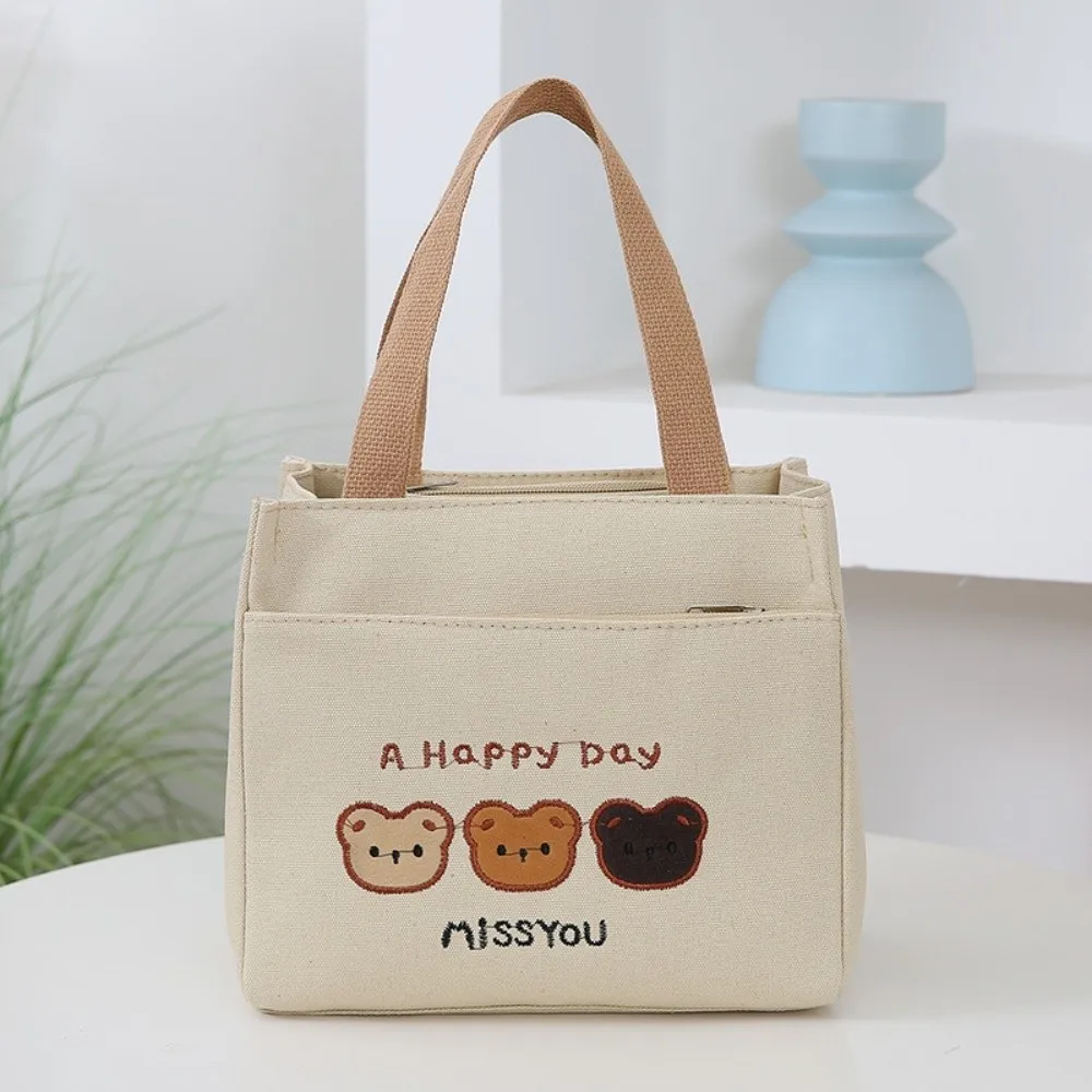 Cute 3 Bears Embroidery Tote Bag Zipper Closure Lightweight Storage Pouch Reusable Large Capacity Canvas Lunch Bag School