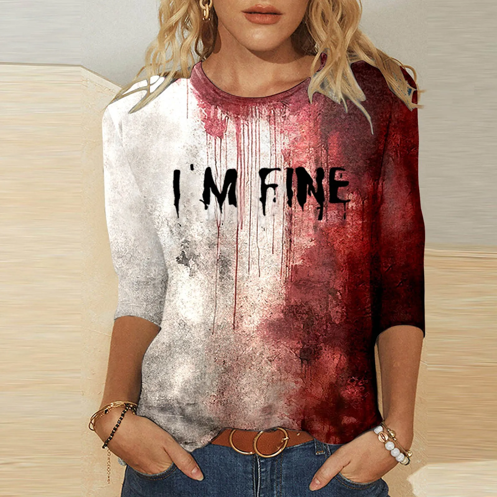 

Halloween I'm Fine Bloody T-shirt Problem Solved Graphic Shirts V-Neck Long Sleeve Streetwear Women Clothes Tee