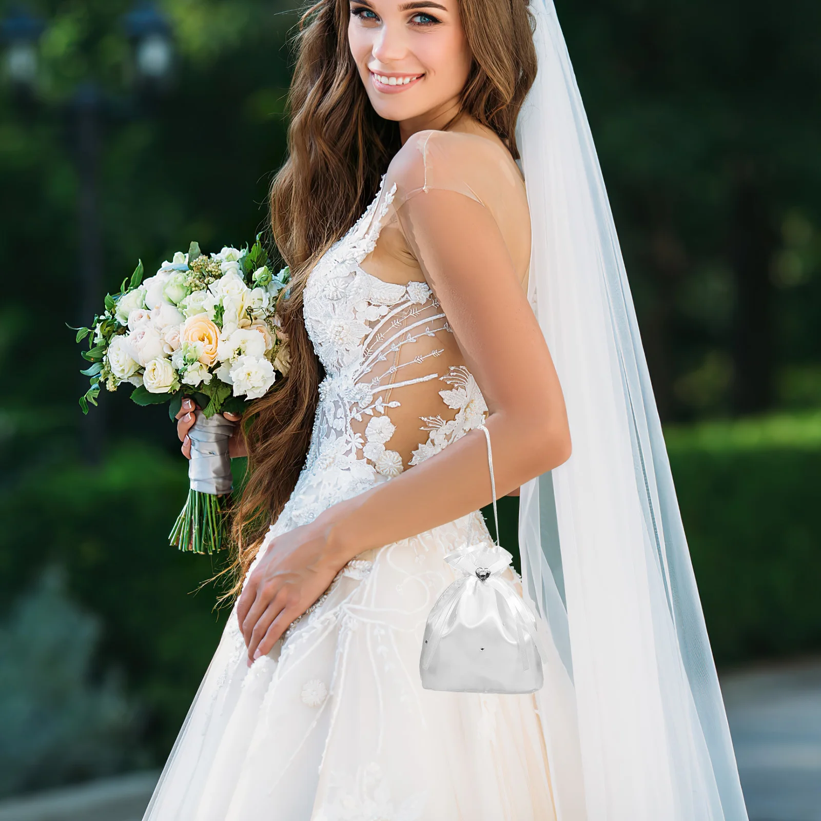 Branco cetim nupcial flor pérola dolly saco 21x22cm presente da dama de honra bolsa de casamento bolsa de noiva saco de dolly da dama de honra