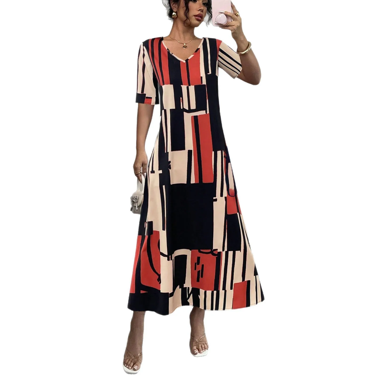 2025 Grensoverschrijdende Amazon zomer T-shirtjurk met geometrisch patroon en V-hals Cw15385