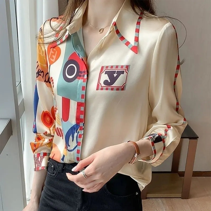 Stylish Casual Letter Printed Blouse Spring Autumn New Loose Long Sleeve Female Clothing Single-breasted Commute Polo-Neck Shirt