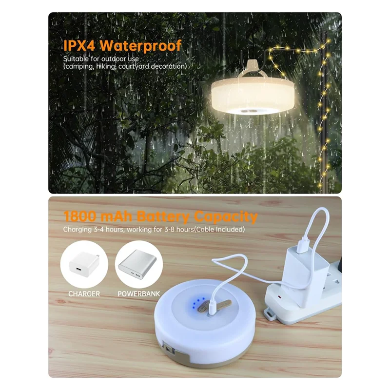 LICE-2-In-1 야외 캠핑 스트링 라이트, 5가지 조명 모드, 텐트, 마당, 장식용 휴대용 Led 캠핑 랜턴(32.8FT)