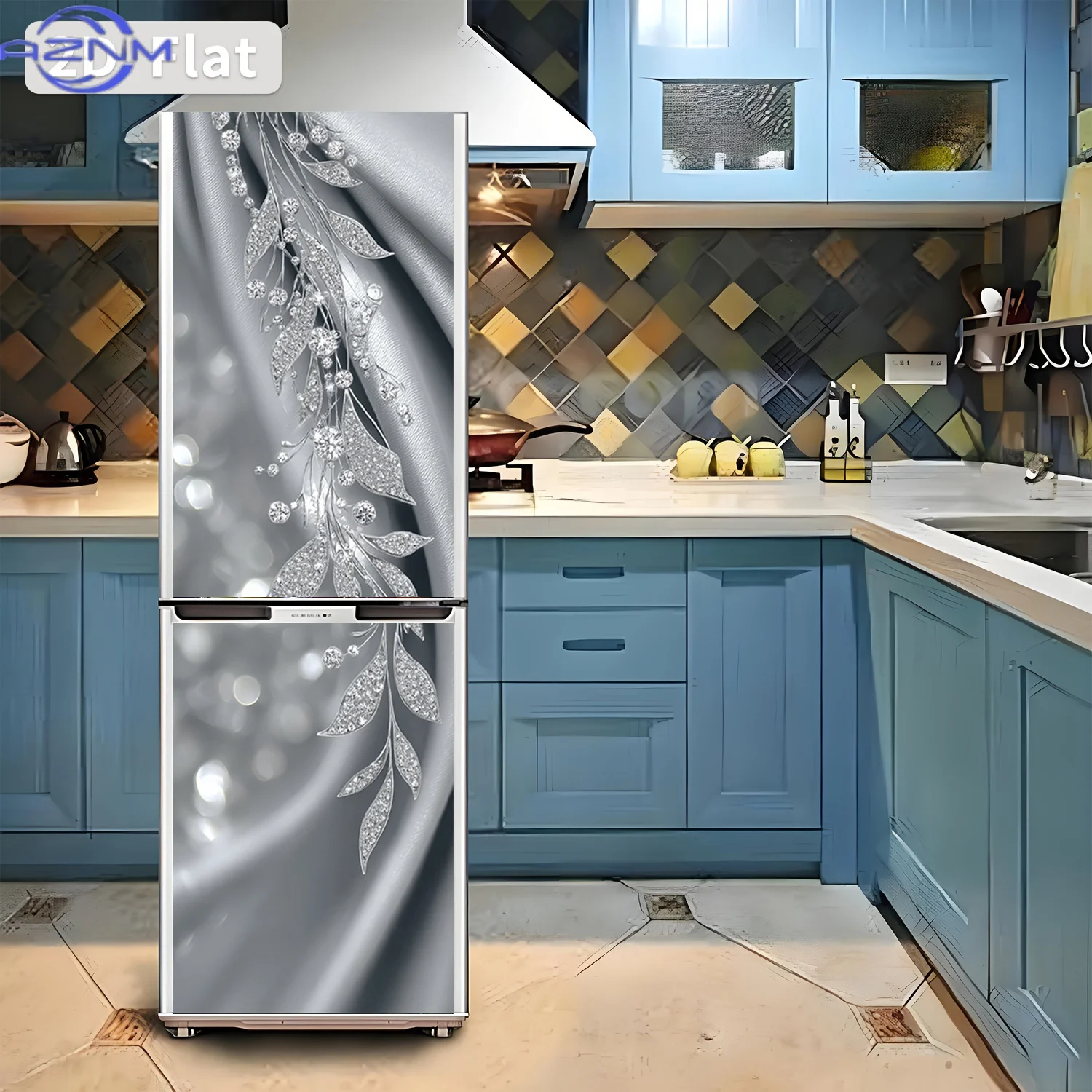 2D-Flachdruck 1 Stück Kühlschrankaufkleber 60×180cm Silbernes Blatt mit Strasssteinen Themen-Design Wandaufkleber Selbstklebende Tapete