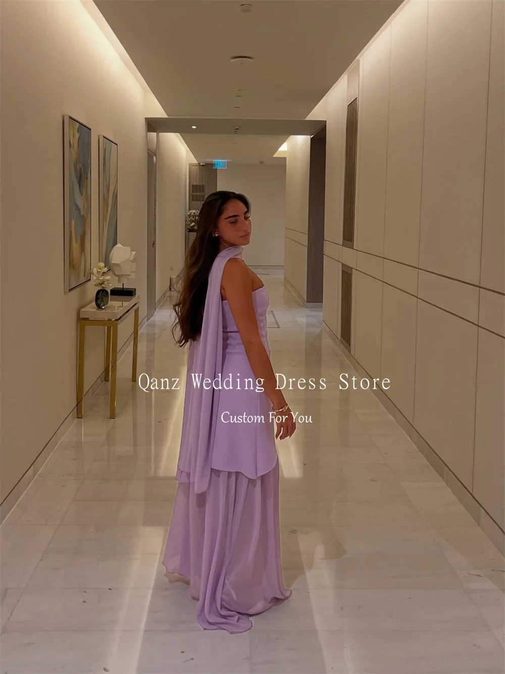 Qanz Lilac Evening Dresses Strapless Ribbons Satin And Chiffon Vestidos De Festa Backless Long Women Prom Dress Customized