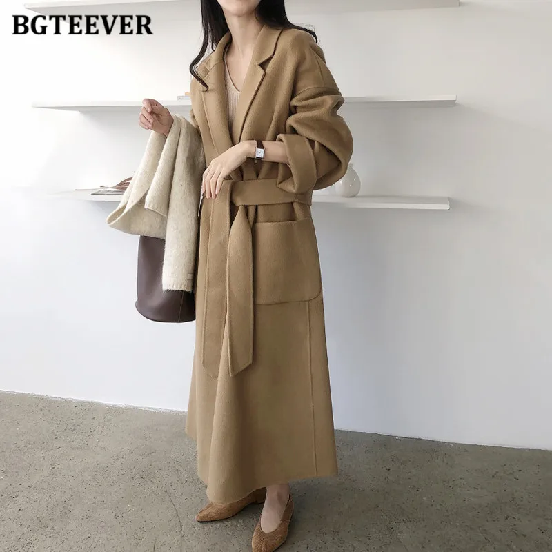 BGTEEVER-Sobretudos de lã, mistura longa, elegantes casacos de lapela, manga cheia, cordões, bolsos soltos, feminino, inverno