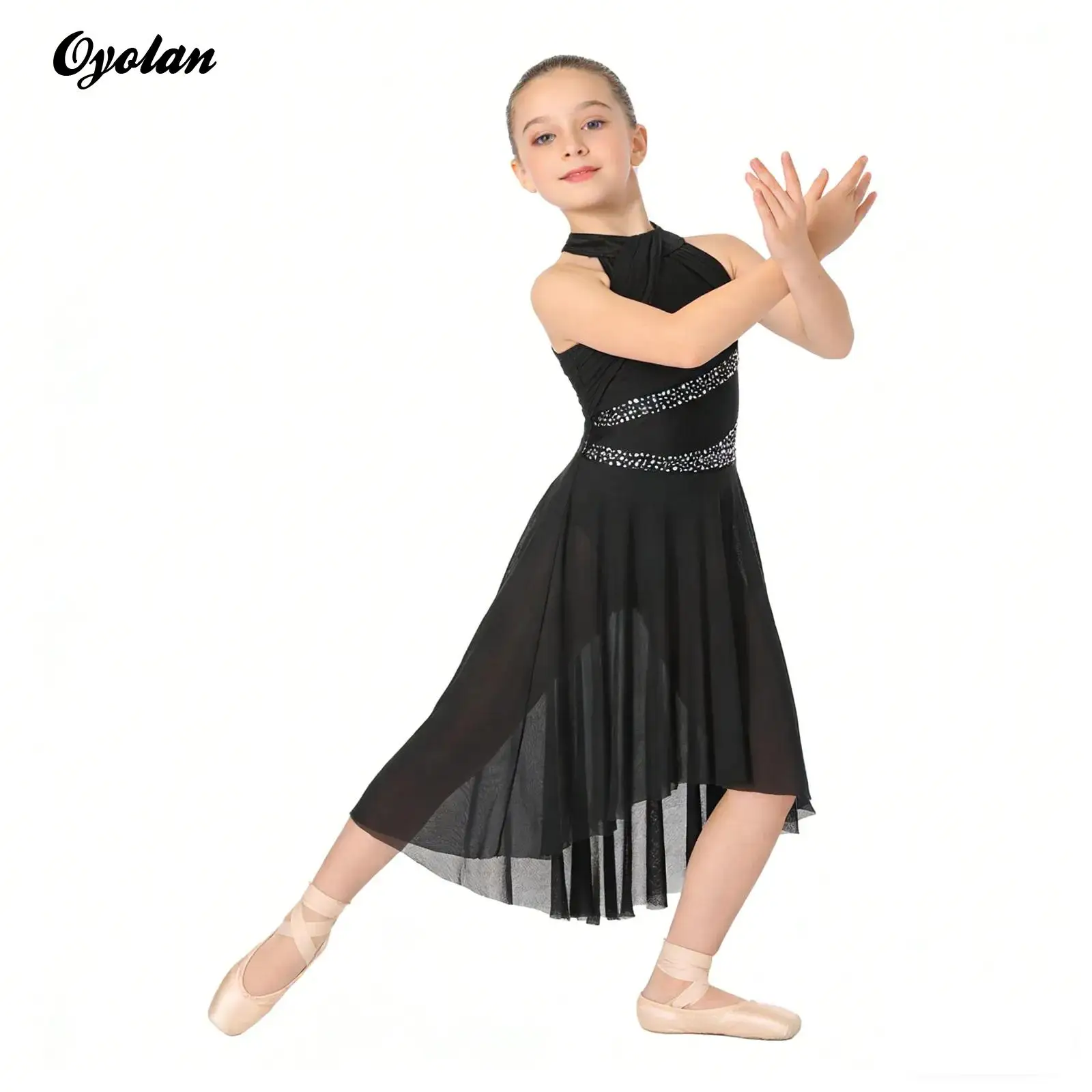 

Children Girls Ballet Lyrical Dance Performance Dancewear Halter Rhinestone Irregular Hem Rhinestone Ruched Leotard Waltz Dress