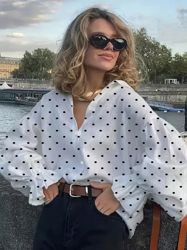 Nuove camicie da donna oversize con polsino a balze a pois neri retrò camicetta elegante primavera autunno coreano popolare top abbigliamento femminile