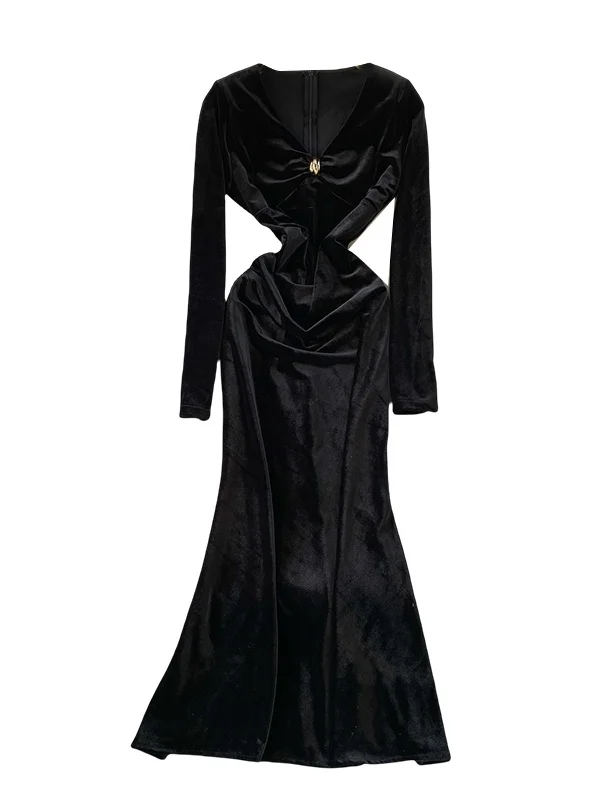 تنورة Ele Velvet Fi Tail Dr مع Metal Bule Long Sve V-Ne عالية الخصر على شكل حرف A للنساء الفاخرة