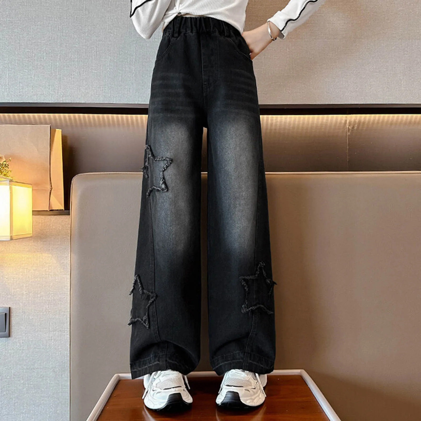 السراويل الأزهار للجينز الكبار الاطفال المألوف ستار التصحيح فضفاضة واسعة الساق السراويل طفل فتاة وتتسابق