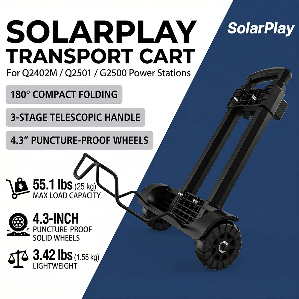 SolarPlay Q2402M Tragbare Powerstation 2500W (5000W Spitzenleistung) Energiestation Batterie-Stromversorgung mit Faltbarem Trolley für Outdoor-Camping