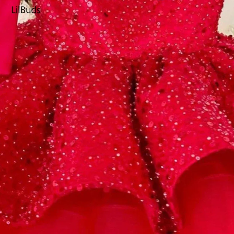 Red Sequins Dress Flower Girl Children Baptism Outfit Kids Birthday Party Tutu Vestidos Matching Elegant Big Bow Frocks Boutique