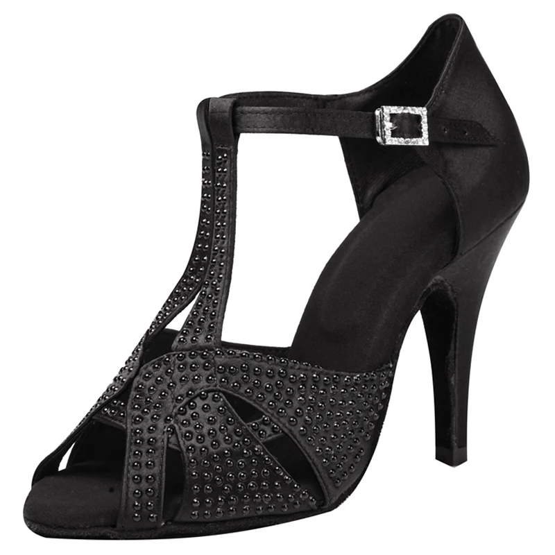 Zapatos de baile latino de tacón alto para mujer, sandalias de satén negro con diamantes de imitación, Salsa, Tango, fiesta de salón, novedad de