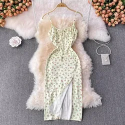 YuooMuoo Chic Fashion Sexy Split Bodycon Dress Women Summer Floral Print Cami Long Dress Korean Lady Streetwear Outfits Sundress