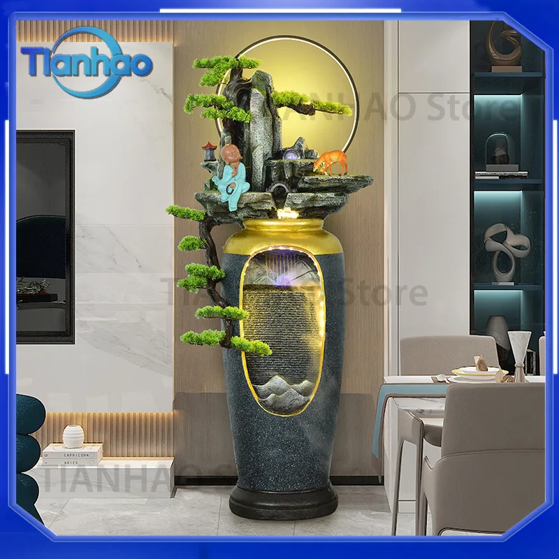 Modern Minimalist Artificial Mountain Water Fountain for Living Room Indoor Circulating Water Feature Feng Shui Wealth Wheel