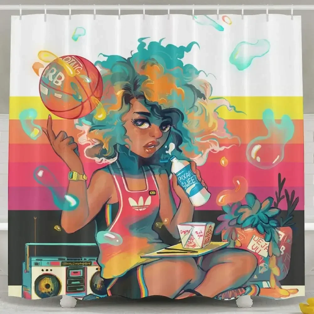 Black Basketball Girl Waterproof Polyester Shower Curtain