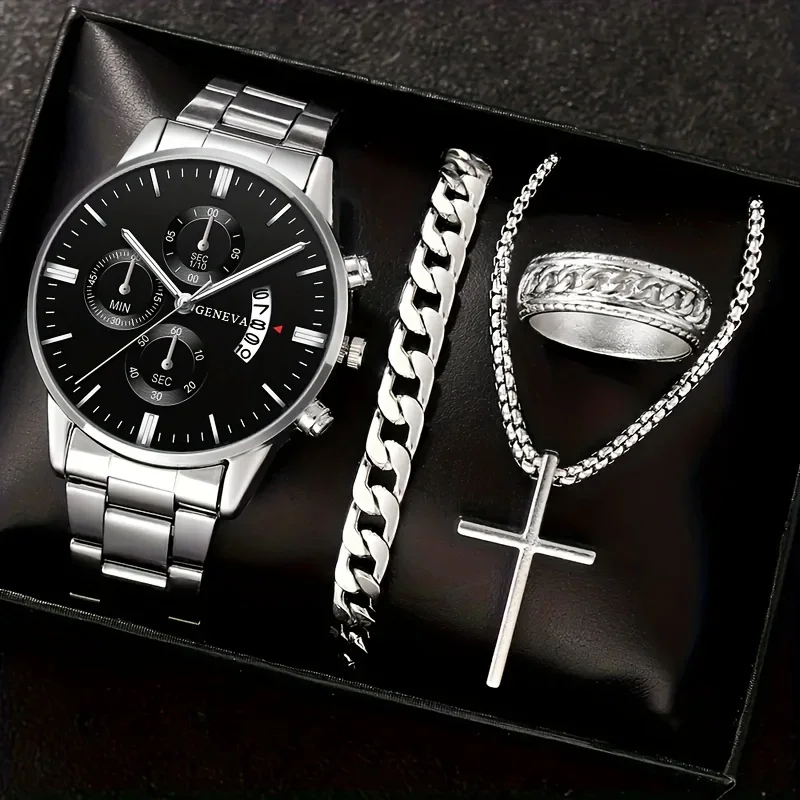 4-piece men's fashion watch set with calendar - business style quartz movement circular dial stainless steel case