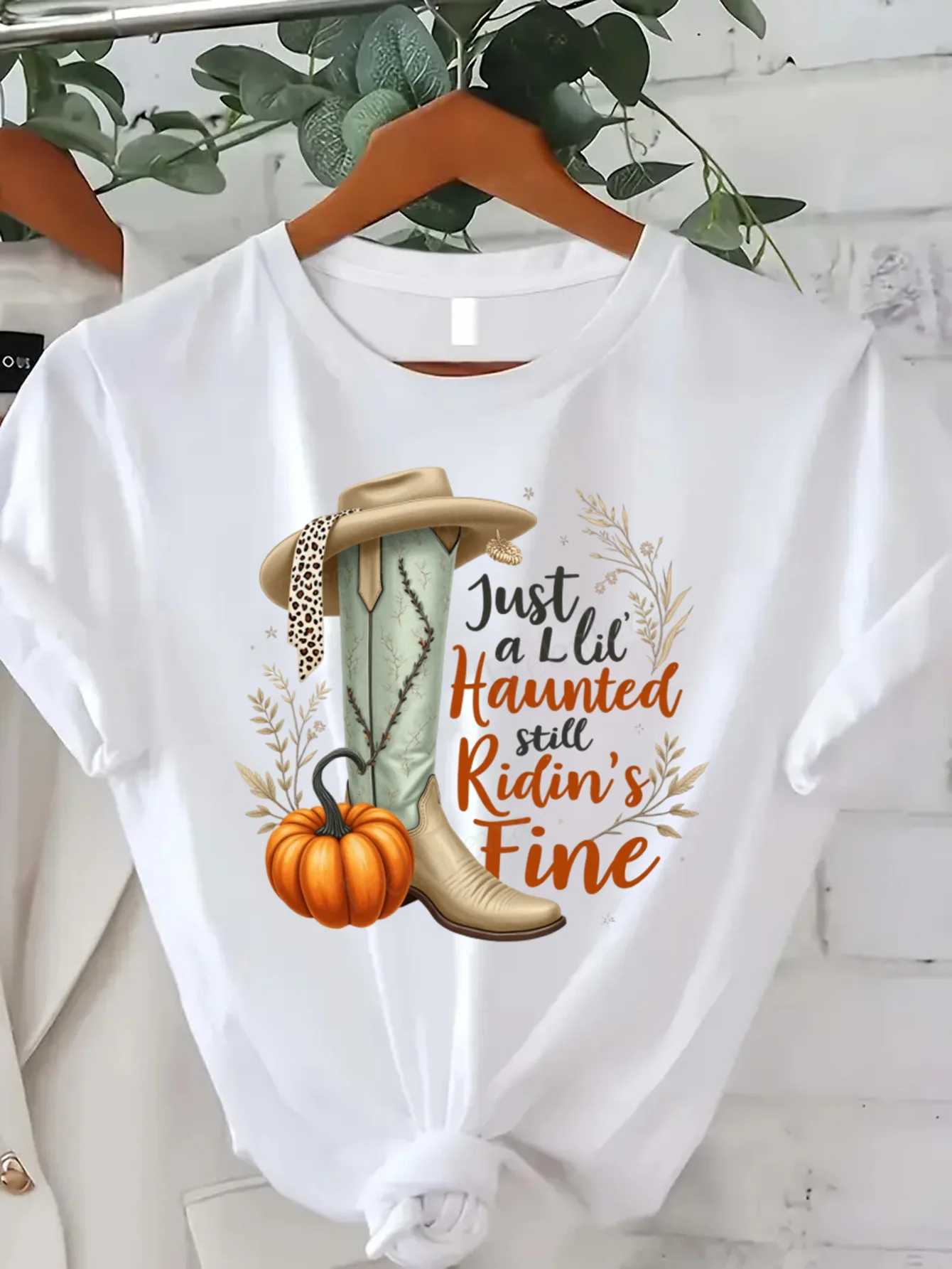 

Round Neck T-shirt Cowboy Boots Pumpkin Halloween T-Shirt Women's Plus Size Funny Fall Tee Short Sleeve Tee Fashion Casual Top