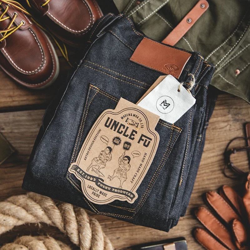 

Maden Original Blue Denim Slim Fit Men's Jeans Retro American Workwear Deep Color Straight Leg Long Pants Casual Faion