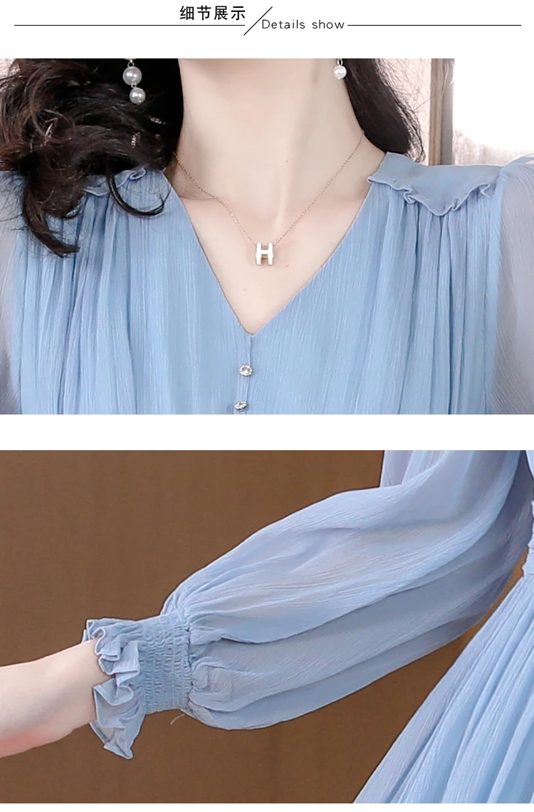Blue Silk Long-Sleeved Dress For Spring Women's 2023 New High-Mulberry Silk Mesh Stitching Shows Thin And Long Skirt