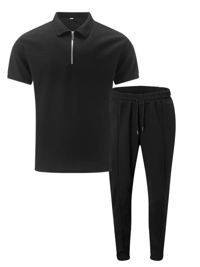 

Mens Black Short Sleeve Zip Polo Shirt with Black Casual Pants Set Business Casual Outfit Comfortable Breathable Stylish