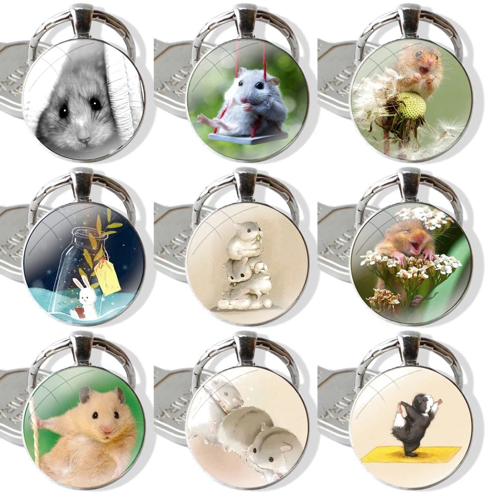 Keychain Handmade Glass Cabochon Key Ring Holder Pendant Key Chains Rabbit mouse Hamster