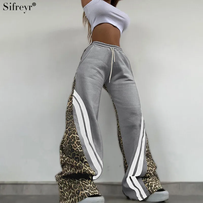 

Sifreyr trend leopard print striped blocking color straight pants personalized street high waisted loose drawstring trousers