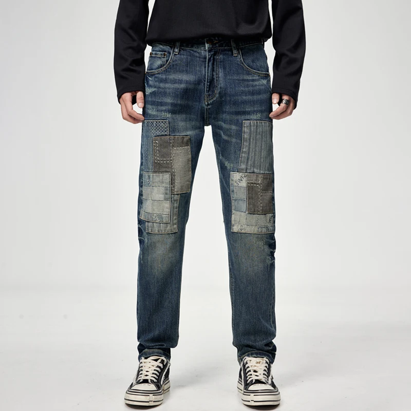 

American Fashion Men's Patchwork Jeans Personalized Design Slim Straight Denim Pants Y2K Streetwear Chic Hip-hop Rock Trousers
